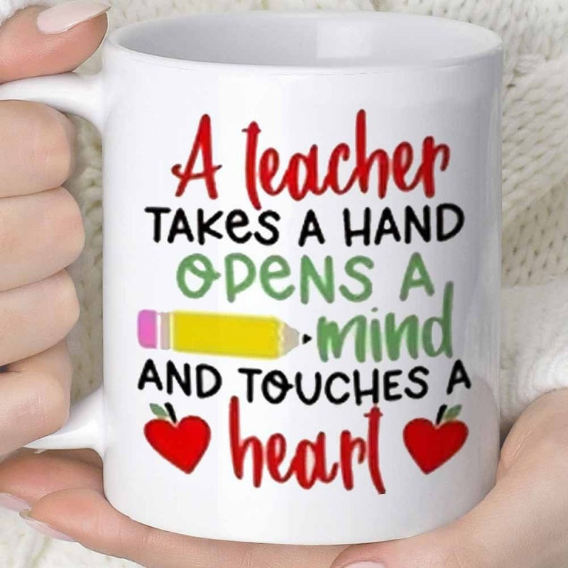 Tailorly White Ceramic 11 oz Mug - A Teacher Takes A Hand Opens A Mind And Touches A Heart Colorful Cartoon Pencil With Red Apples And Artistic Script Lettering