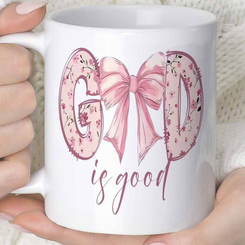 Tailorly White Ceramic 11 oz Mug - God Is Good Delicate Pink Floral Letters Joined By Soft Ribbon Silk Bow Mug