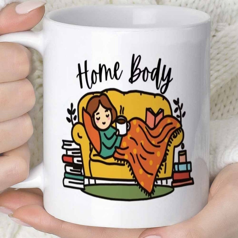 Tailorly White Ceramic 11 oz Mug - Home Body Cozy Girl Resting On Sofa Under Blanket With Books Girl