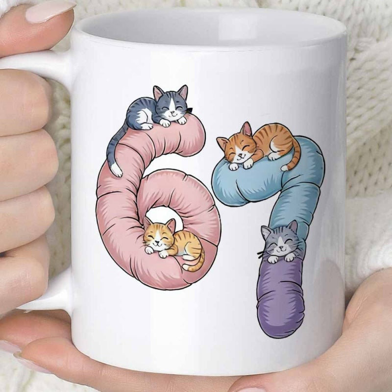 Tailorly White Ceramic 11 oz Mug - Adorable Little Kittens Sleeping Peacefully On Colorful Puffy Shaped Pillows Cat