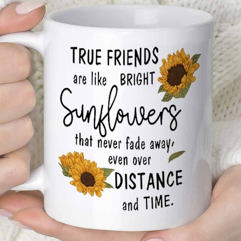 Tailorly White Ceramic 11 oz Mug - True Friends Sunflowers Blooming Yellow Petals With Green Leaves Under Golden Radiant Light Sunflower