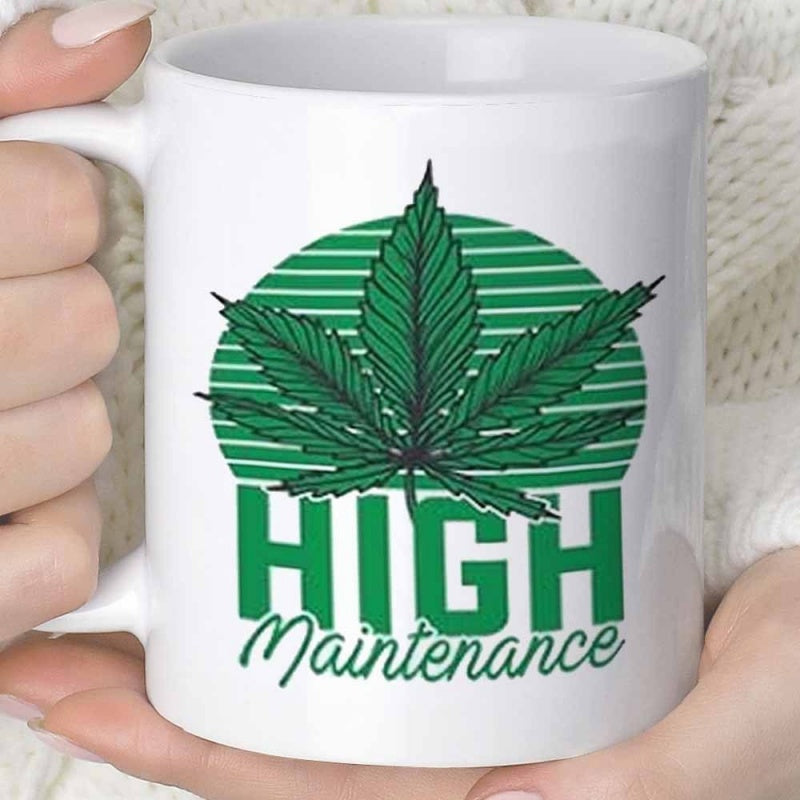 Tailorly White Ceramic 11 oz Mug - High Maintenance Vibrant Green Symmetrical Foliage Set Against A Striped Circular Retro Background Cannabis Leaf