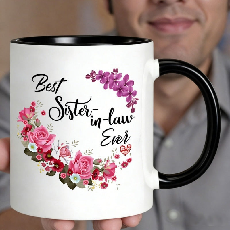 Tailorly Black Accent 11 oz Mug - best sister in law ever 11oz ceramic coffee mugfloral wreath designblack backgroundperfect gift for