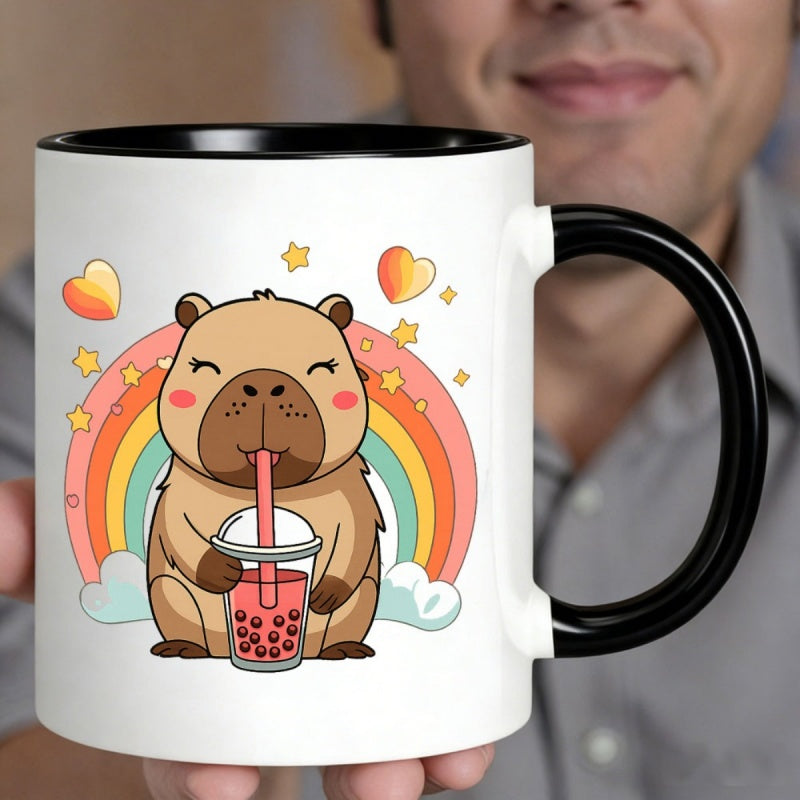 Tailorly Black Accent 11 oz Mug - cute capybara with boba drink， rainbow， hearts， stars