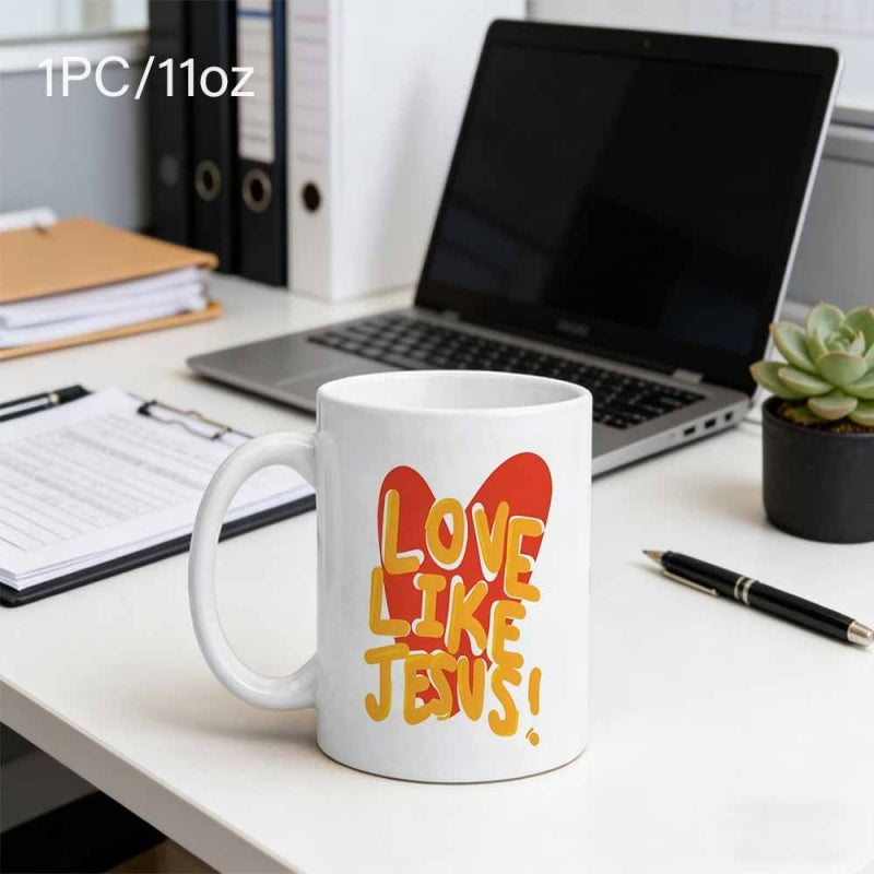 Tailorly White Ceramic 11 oz Mug - Love Like Jesus Stylized Bold Yellow Text Against A Simple Red Heart Symbol Mug
