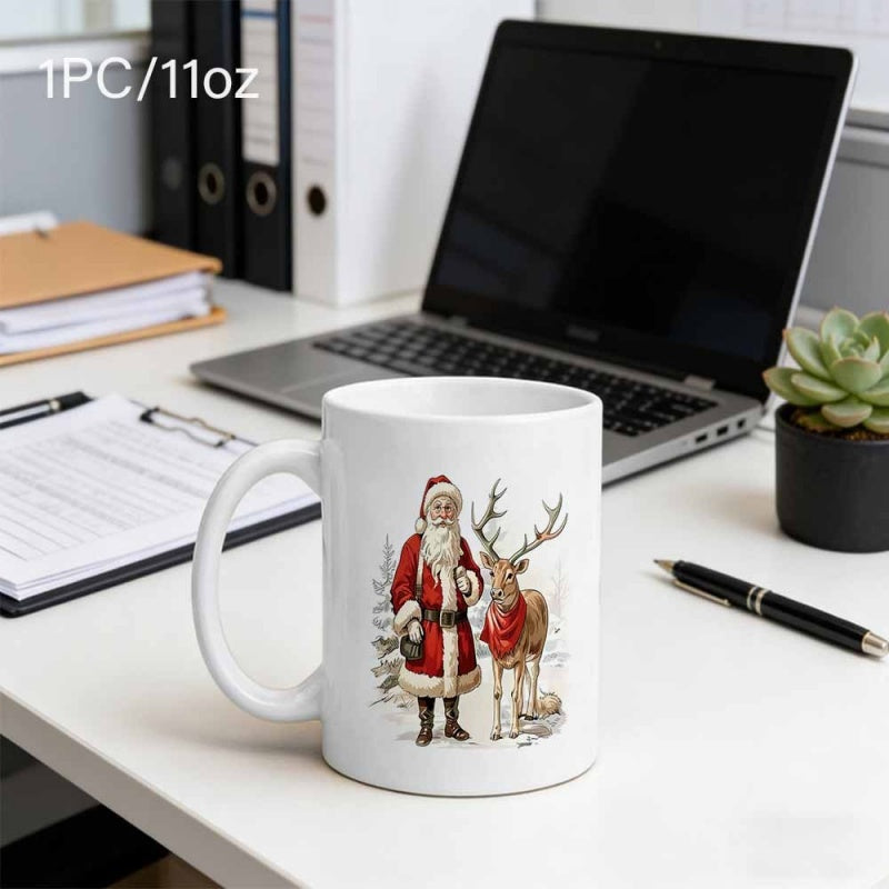 Tailorly White Ceramic 11 oz Mug - Vintage Illustration Featuring A Graceful Reindeer Standing Beside Santa Claus