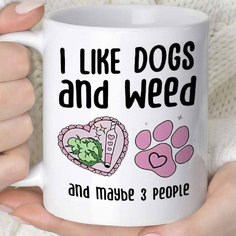 Tailorly White Ceramic 11 oz Mug - I Like Dogs And Weed And Maybe 3 People Minimalist White Ceramic Vessel Featuring Pink Paw Print And Heart Mug