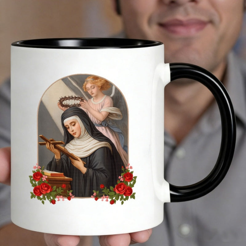 Tailorly Black Accent 11 oz Mug - religious nun angel design thorn cross red roses