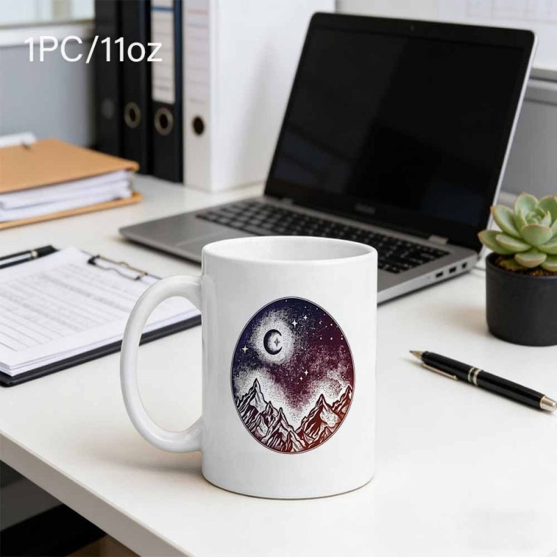 Tailorly White Ceramic 11 oz Mug - Circular Starry Galaxy Night Sky Over Jagged Rocky Peaks Under Crescent Moon Mountain