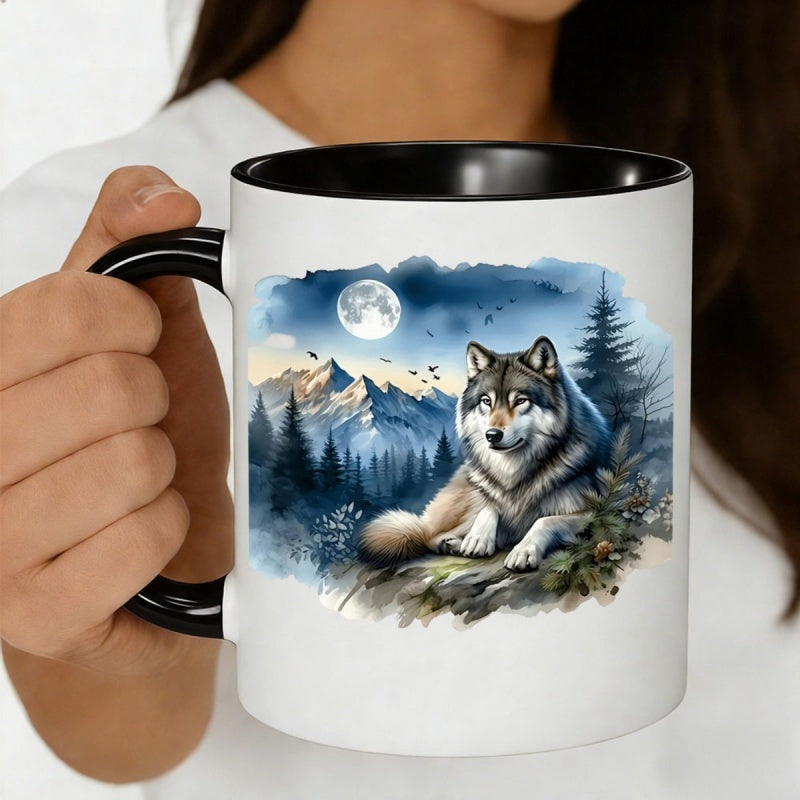 Tailorly Black Accent 11 oz Mug - wolf in mystical wildlife art
