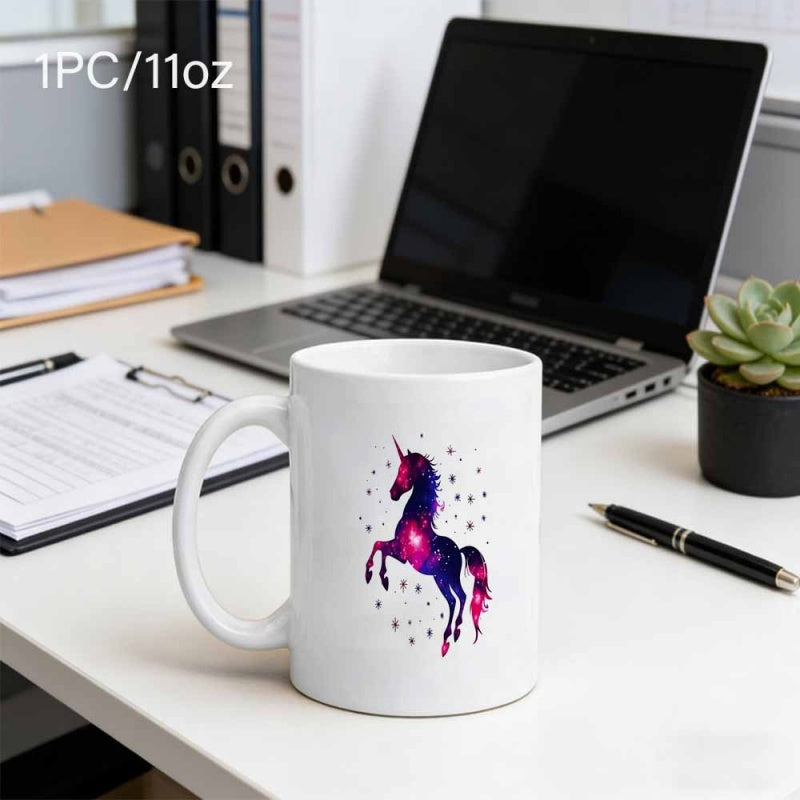 Tailorly White Ceramic 11 oz Mug - Majestic Jumping Stance Featuring Mystical Galaxy Starry Space Texture Unicorn