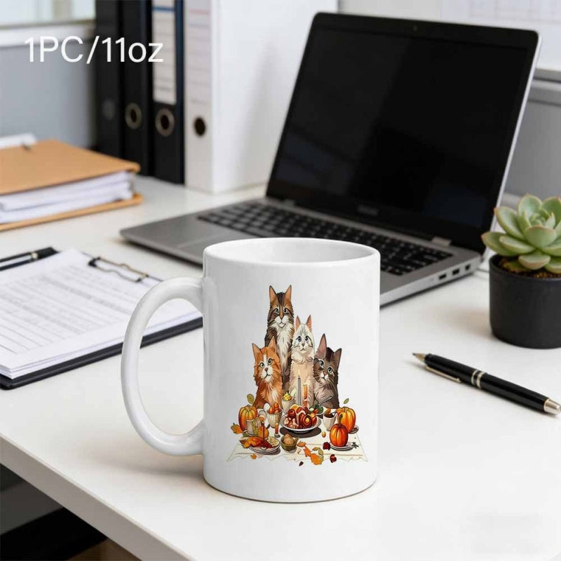Tailorly White Ceramic 11 oz Mug - Several Fluffy Cats Gathered Among Autumn Pumpkins And Fallen Leaves Cats