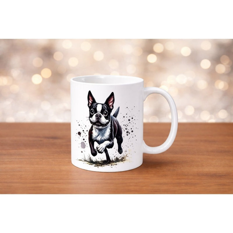Tailorly White Ceramic 11 oz Mug - Artistic Ink Splatter Watercolor Sketch Featuring An Energetic Running Boston Terrier
