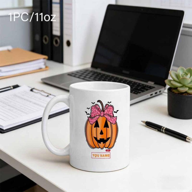 Tailorly White Ceramic 11 oz Mug - Your Name Festive Halloween Jack O Lantern Wearing Pink Sparkling Bow Pumpkin