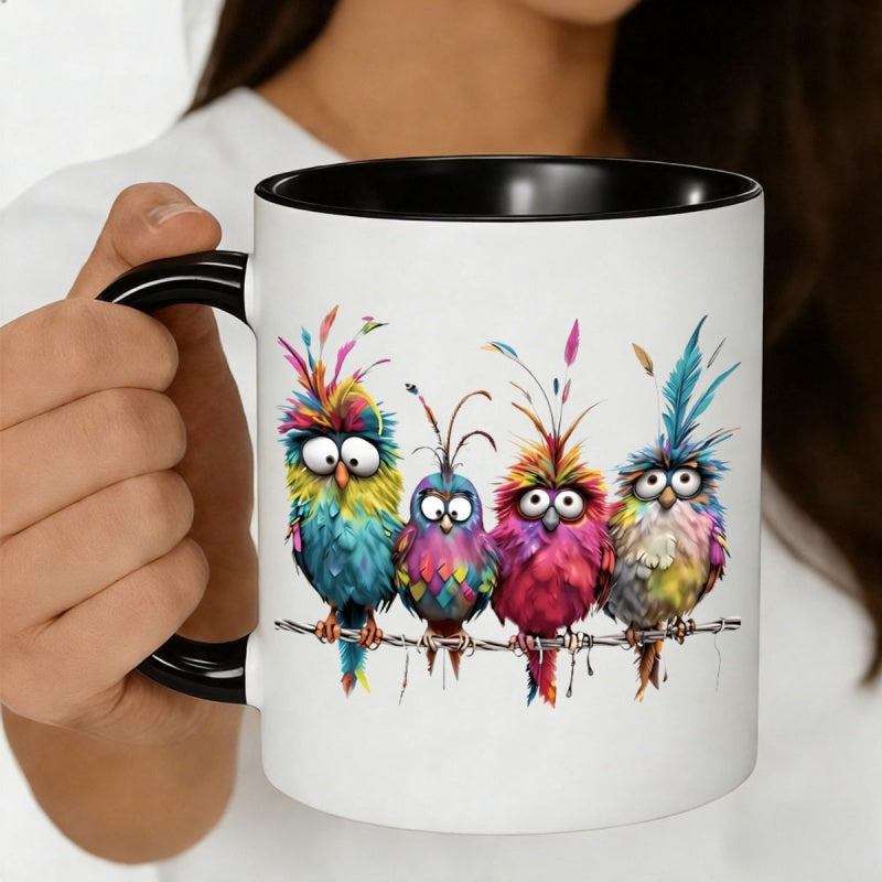 Tailorly Black Accent 11 oz Mug - colorful feathered birds on a branch