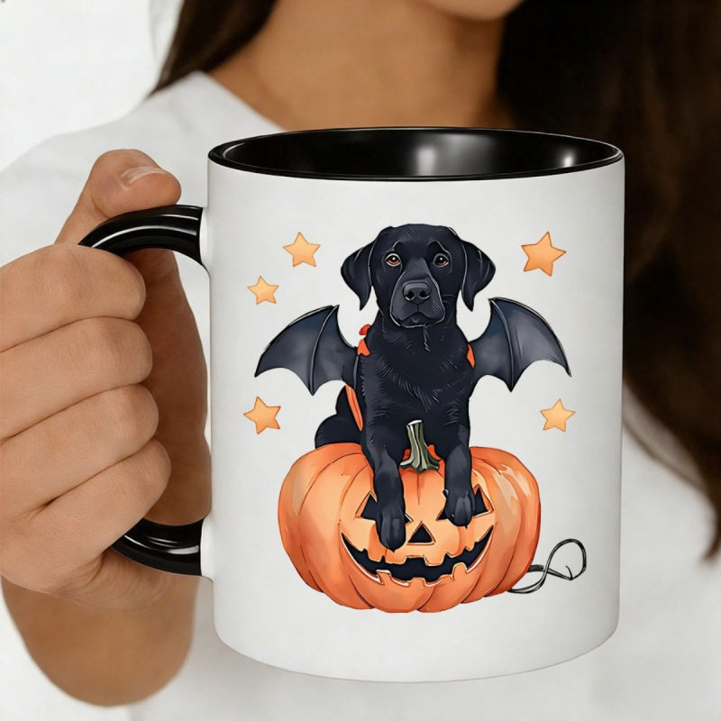 Tailorly Black Accent 11 oz Mug - dog with bat wings and a pumpkin jack o lantern