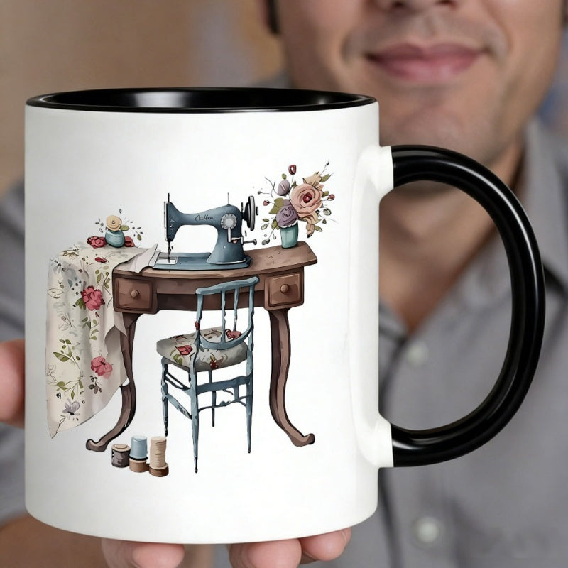 Tailorly Black Accent 11 oz Mug - vintage sewing machine with floral tablecloth and chair design