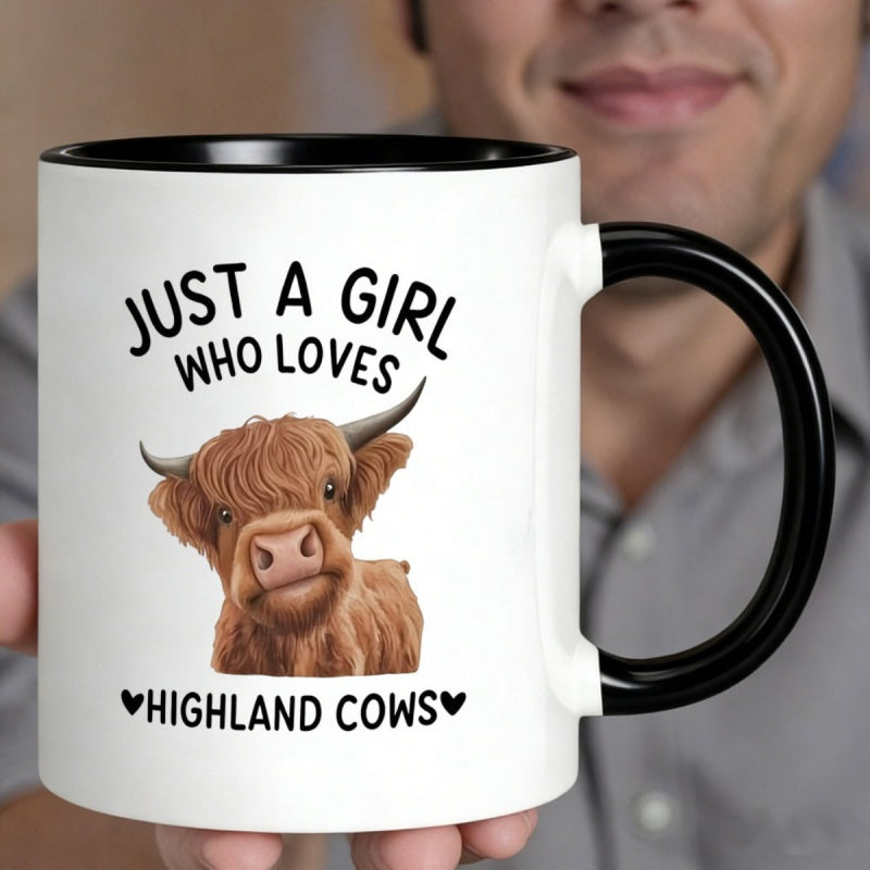 Tailorly Black Accent 11 oz Mug - brown highland cow