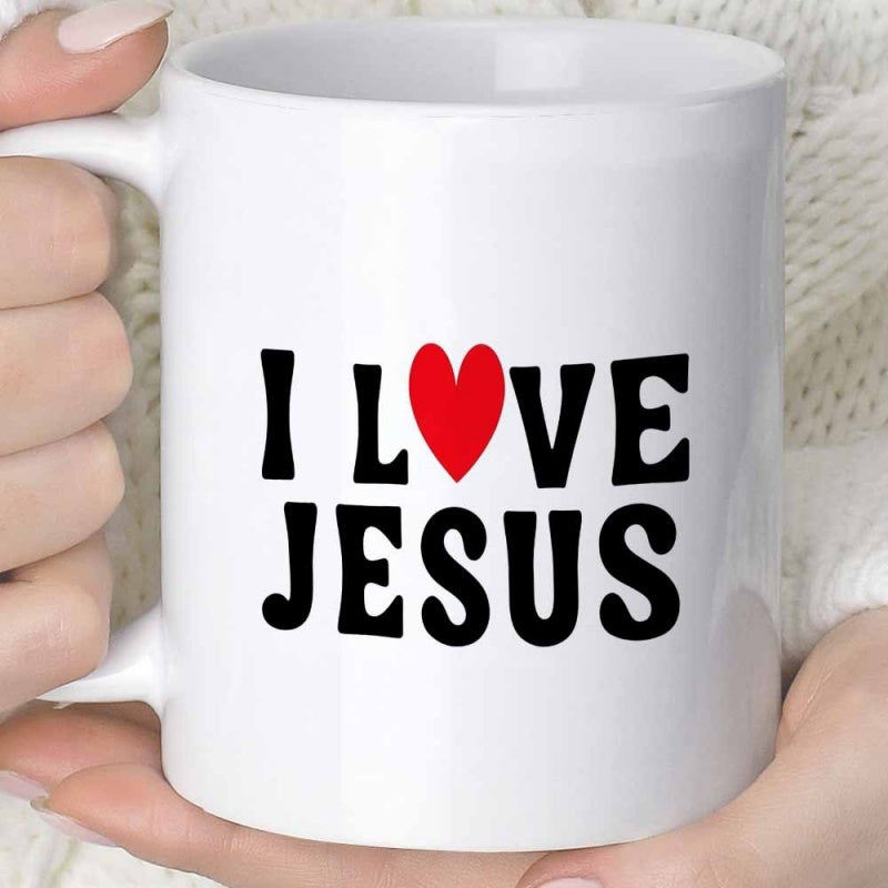 Tailorly White Ceramic 11 oz Mug - I Love Jesus Simple Red Heart Centered Between Bold Black Typography On Ceramic Mug