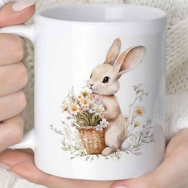 Tailorly White Ceramic 11 oz Mug - Adorable Watercolor Bunny Holding Woven Basket With Delicate Spring Meadow Flowers Rabbit
