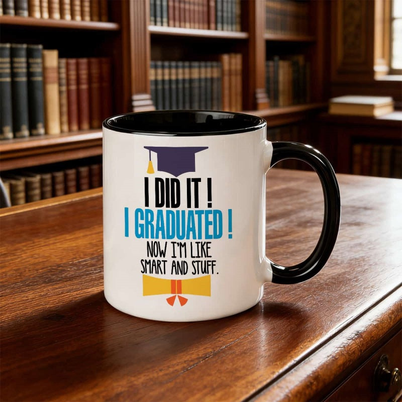 Tailorly Black Accent 11 oz Mug - "i graduated" text
