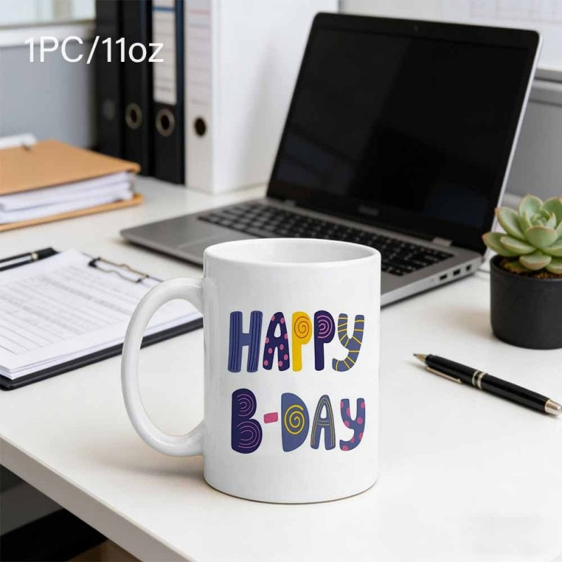 Tailorly White Ceramic 11 oz Mug - Happy B Day Colorful Decorative Script On A Glossy