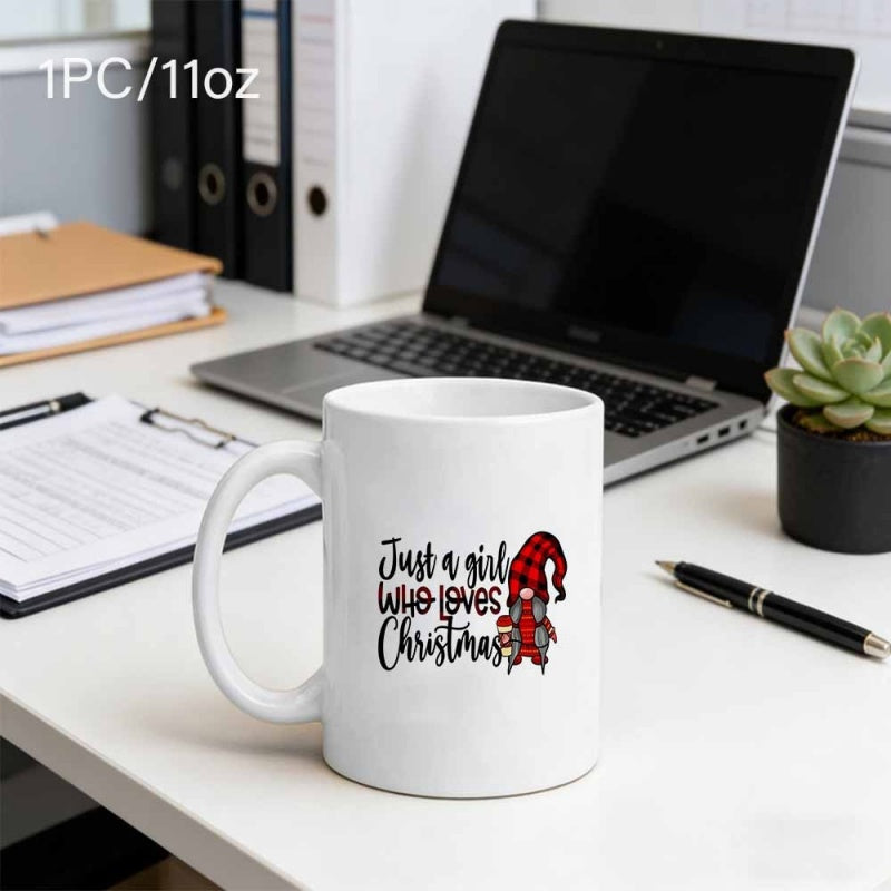 Tailorly White Ceramic 11 oz Mug - Just A Girl Who Loves Christmas Festive Red Buffalo Plaid Gnome Holding A Hot Cocoa Cup Gnome