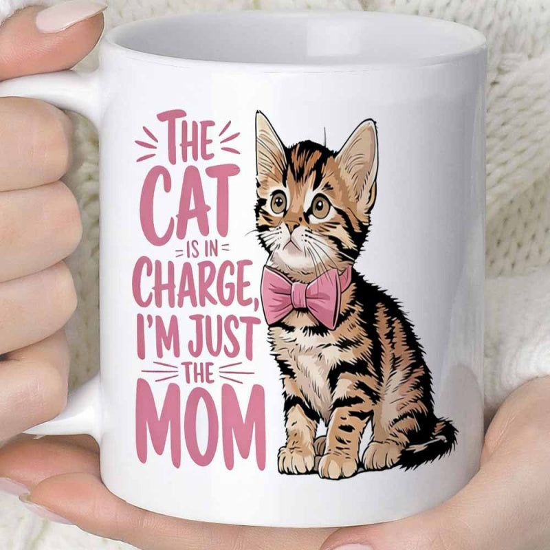 Tailorly White Ceramic 11 oz Mug - The Cat Is In Charge I'm Just The Mom Adorable Tabby Kitten Wearing Pink Bow Tie Sitting Gracefully Cat