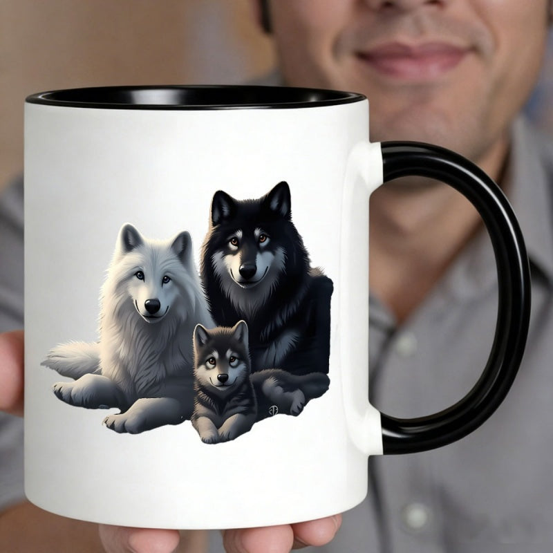 Tailorly Black Accent 11 oz Mug - white black wolf family