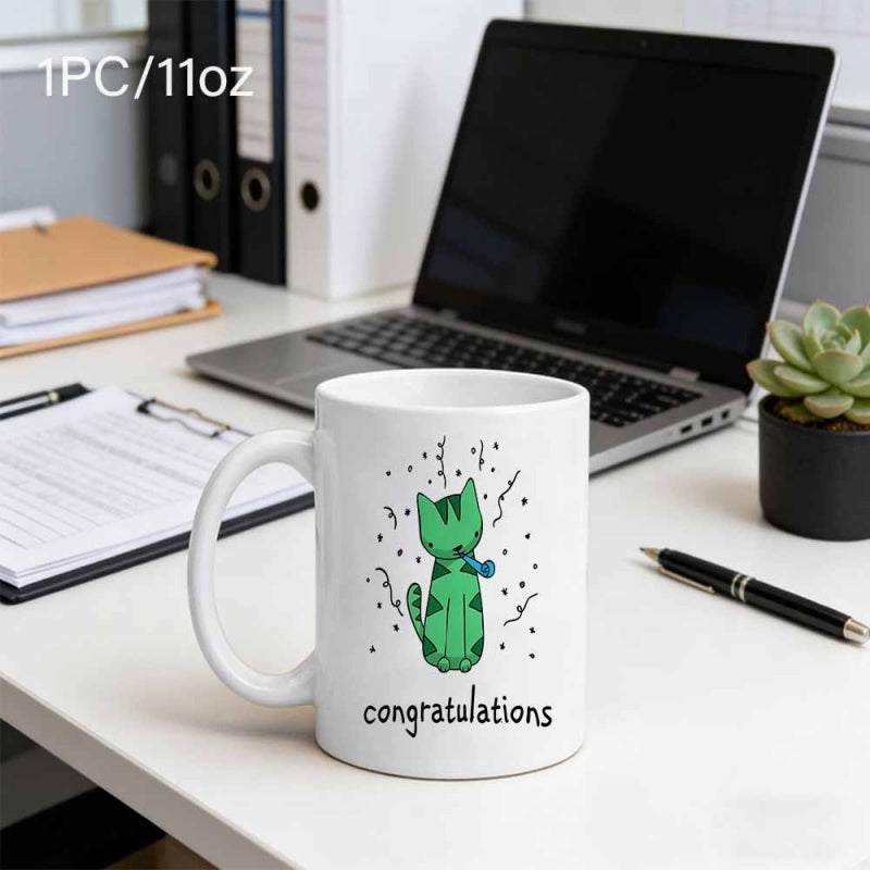 Tailorly White Ceramic 11 oz Mug - Congratulations Sitting Cartoon Green Striped Animal Blowing Blue Party Whistle Among Confetti Cat