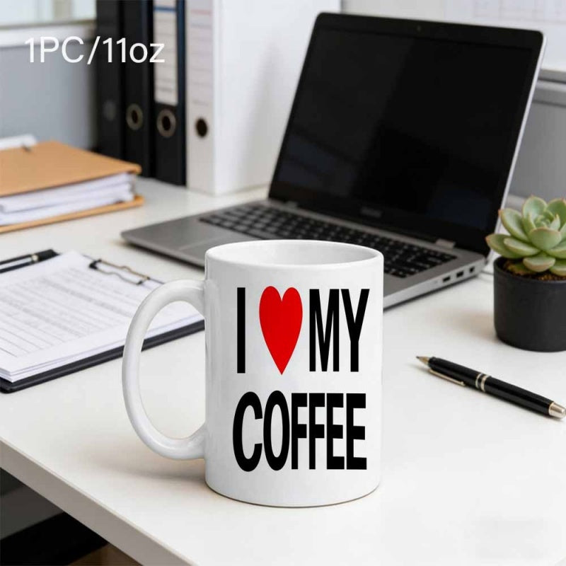 Tailorly White Ceramic 11 oz Mug - I My Coffee Elegant Minimalist Ceramic Beverage Container With Bold Typography And Red Heart Symbol Mug