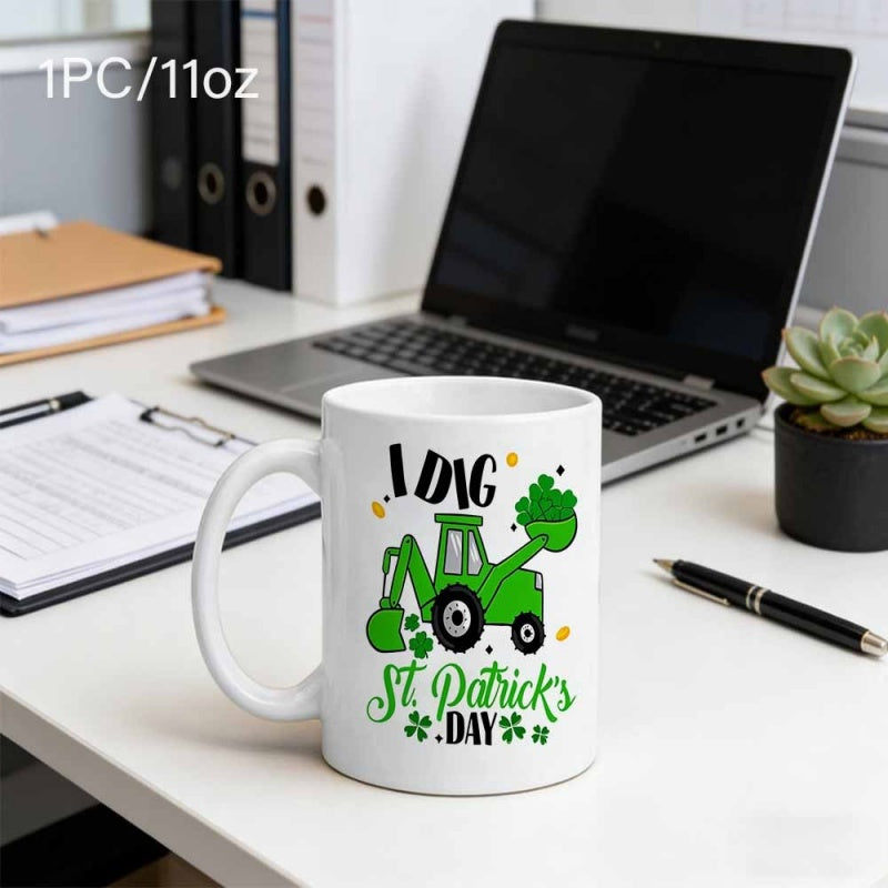Tailorly White Ceramic 11 oz Mug - I Dig St Patricks Day Festive Green Construction Vehicle Carrying Lucky Shamrocks Excavator