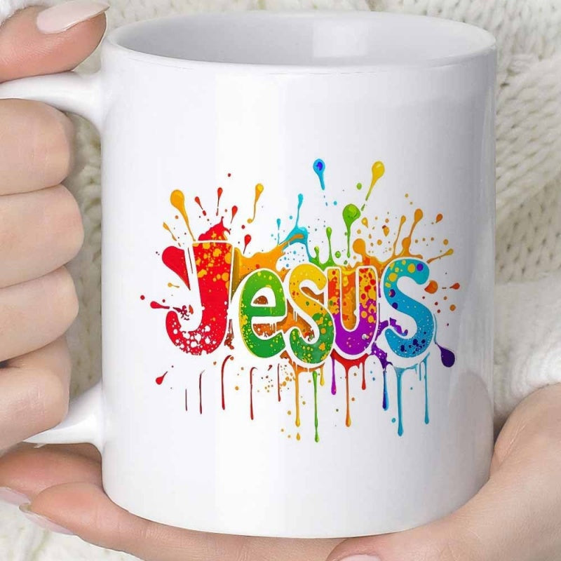 Tailorly White Ceramic 11 oz Mug - Jesus Vibrant Rainbow Paint Drips Spreading Across A Clean White Surface Splatter
