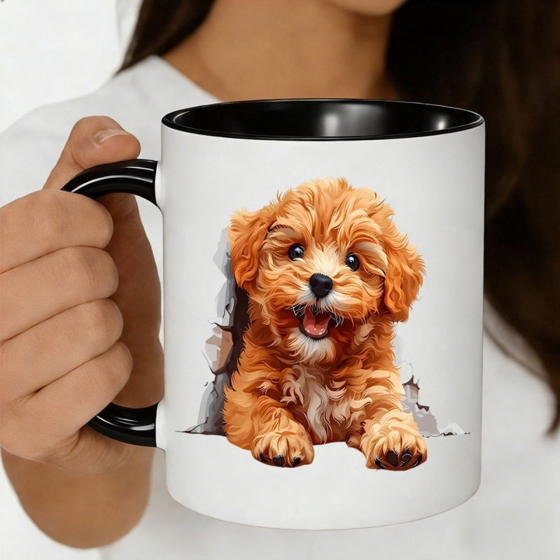 Tailorly Black Accent 11 oz Mug - orange fluffy puppy cracked wall design cute dog themed gif