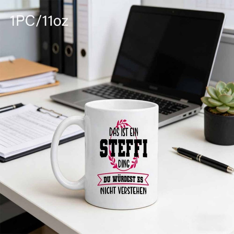 Tailorly White Ceramic 11 oz Mug - Steffi Minimalist White Ceramic Cup With Pink Wreath And Bold Personalized Text Mug