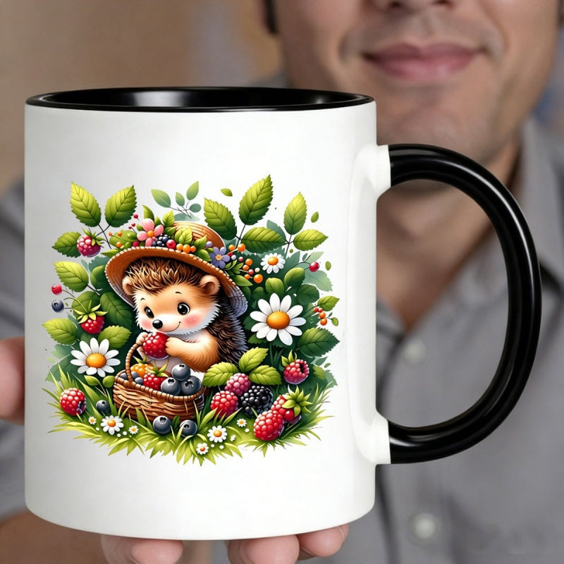 Tailorly Black Accent 11 oz Mug - adorable hedgehog autumn strawberries berries white daisies green foliage vintage floral cartoon