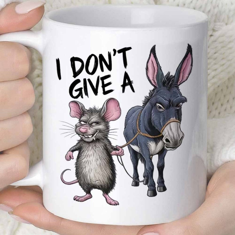 Tailorly White Ceramic 11 oz Mug - I Don't Give A Grumpy Cartoon Rat Leading A Stubborn Grey Farm Donkey