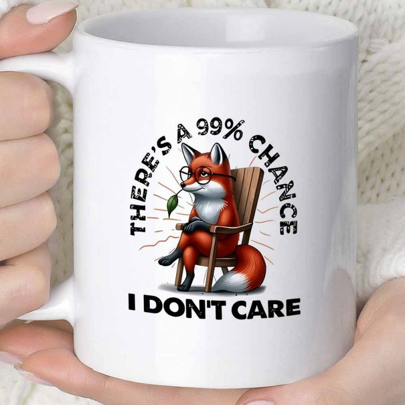 Tailorly White Ceramic 11 oz Mug - Theres A 99 Percent Chance I Dont Care Wise Red Fox Wearing Glasses Sitting On Wooden Chair Fox