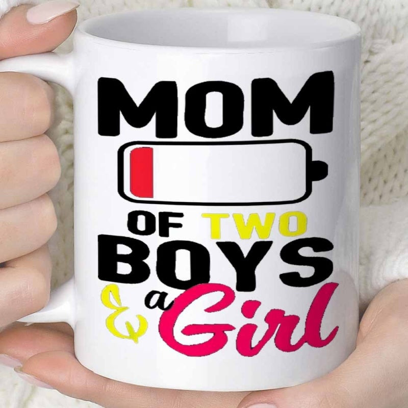 Tailorly White Ceramic 11 oz Mug - Mom Of Two Boys A Girl Minimalist Red Low Battery Icon Symbol Representing Exhausted Parenting Life Theme Mug