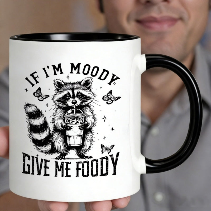 Tailorly Black Accent 11 oz Mug - cartoon raccoon with drink and butterfly decor