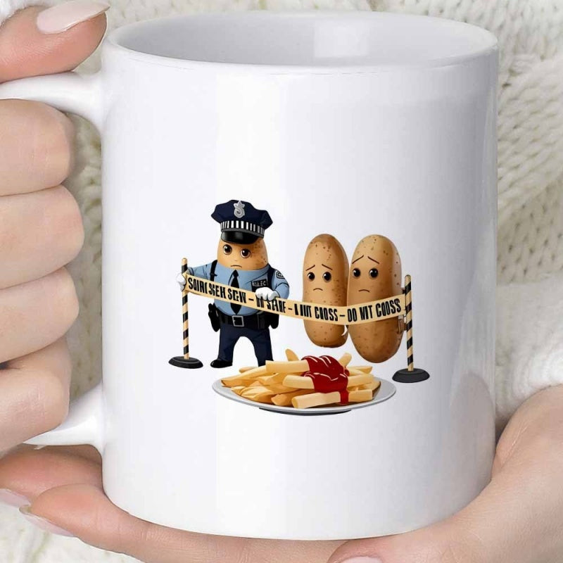 Tailorly White Ceramic 11 oz Mug - Crime Scene Do Not Cross Humorous Cartoon Police Officer Guarding Golden French Fries Potato