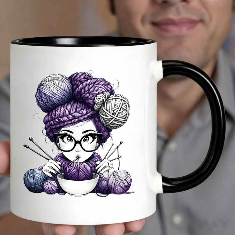 Tailorly Black Accent 11 oz Mug - stylish knitting girl with colorful yarn ball and knitting needles