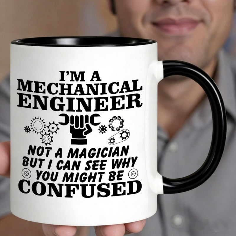 Tailorly Black Accent 11 oz Mug - black and white gear print with humorous engineering quote