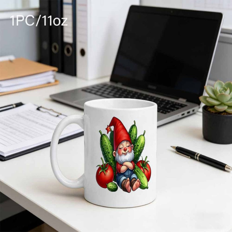 Tailorly White Ceramic 11 oz Mug - Charming Garden Character Sitting Among Fresh Green Cucumbers And Ripe Red Tomatoes Gnome
