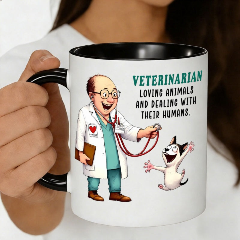 Tailorly Black Accent 11 oz Mug - cartoon vet with a stethoscope