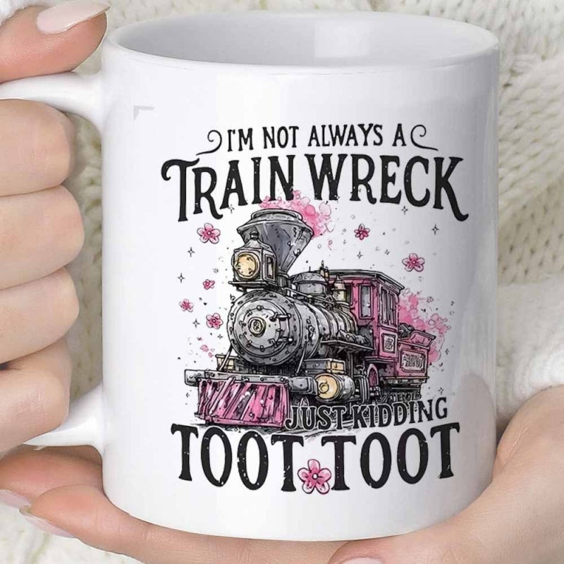 Tailorly White Ceramic 11 oz Mug - Im Not Always A Train Wreck Just Kidding Toot Toot Vintage Metallic Steam Engine Moving Forward Among Pink Cherry Blossoms