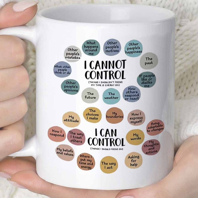 Tailorly White Ceramic 11 oz Mug - I Cannot Control I Can Control Minimalist Palette Circles Featuring Mindful Affirmations Arranged In Balanced Diagram Layout Mug