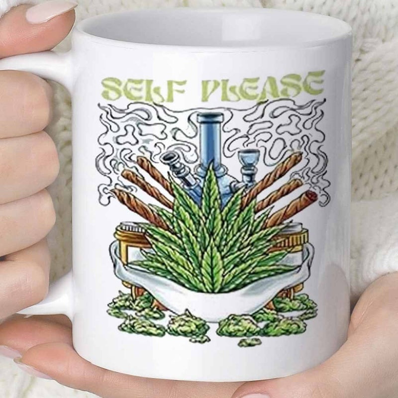 Tailorly White Ceramic 11 oz Mug - Self Please Vibrant Green Leaves With Glass Water Pipe And Blunts Cannabis