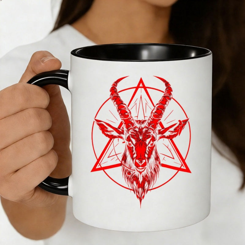 Tailorly Black Accent 11 oz Mug - red baphomet goat head with pentagram