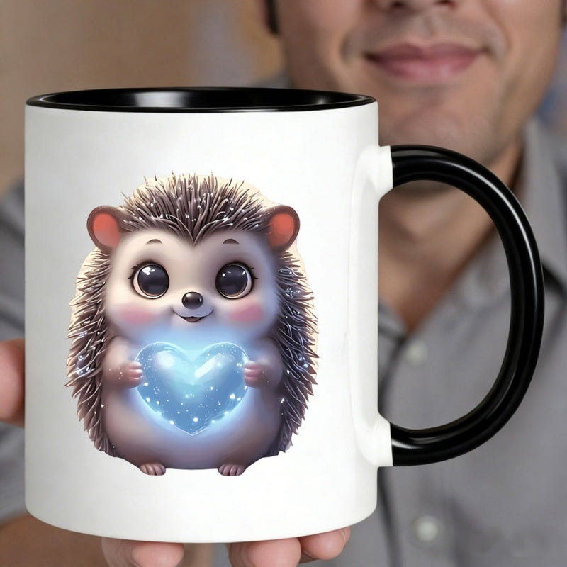 Tailorly Black Accent 11 oz Mug - cute hedgehog holding glowing blue heart